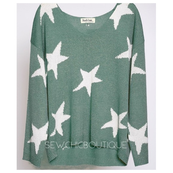 Fave Light Olive Soft Star Knit V-Neck Sweater - Picture 3 of 7